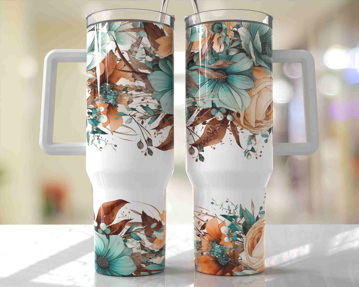 40 oz Light Teal, Peach and Brown Flowers Tumbler