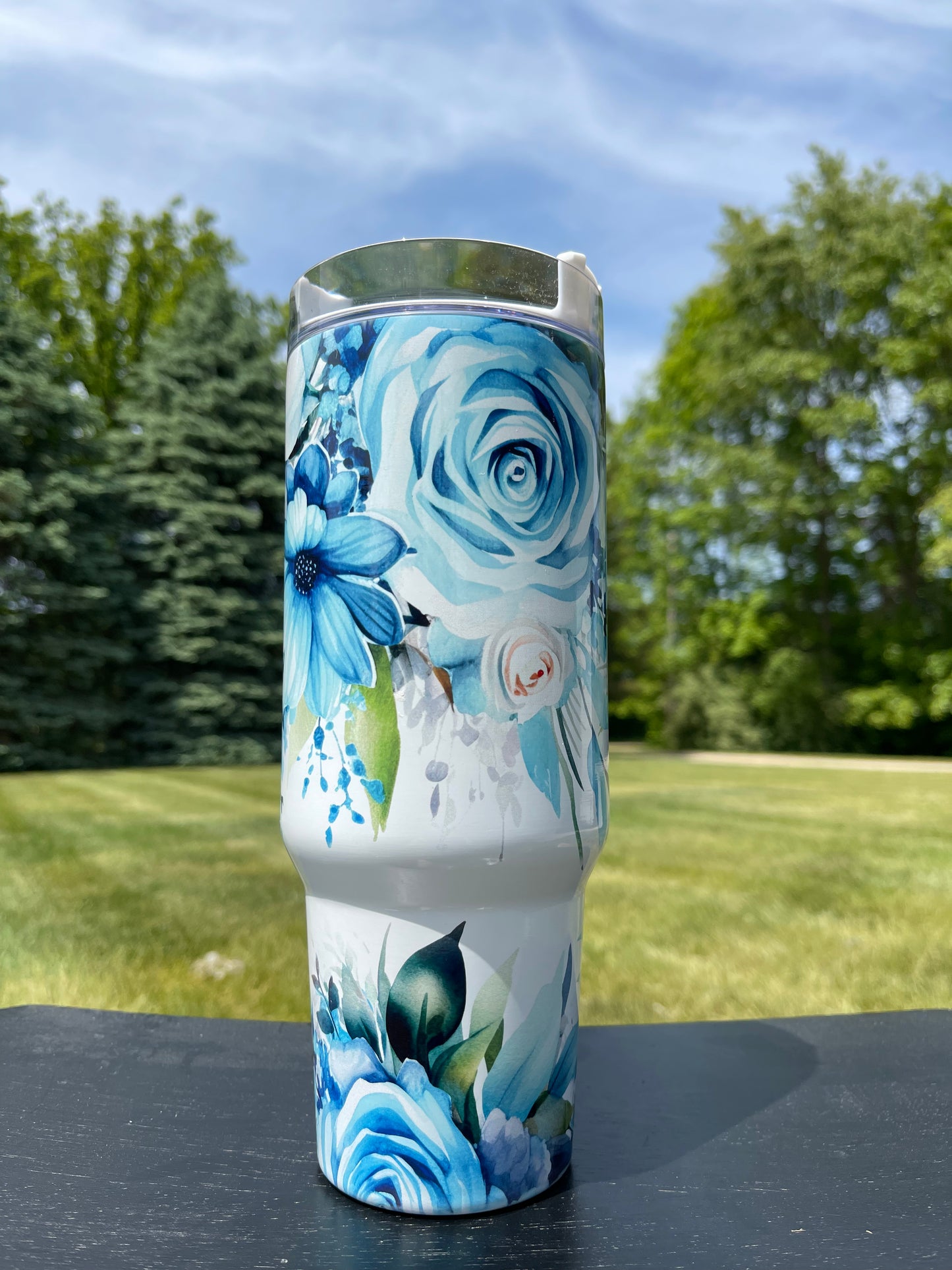 40oz Tumbler- Tropical Teal Flowers His/Her Birthday Gift, Add custom name for free! Great Gift!