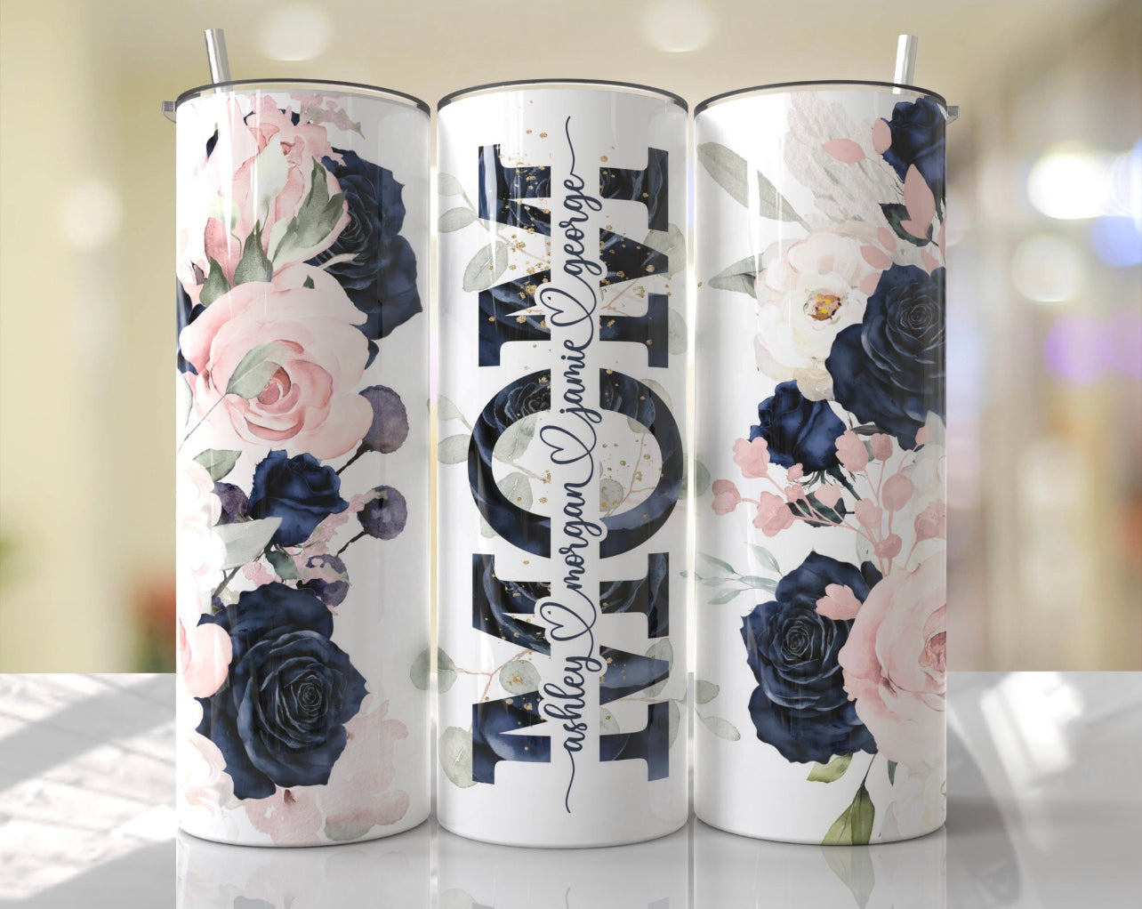 Mom Split For Children Names,Pink and Navy Flowers Tumbler Gift for her, Travel Tumbler