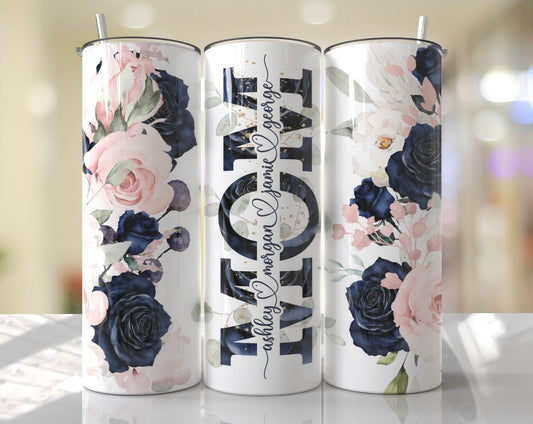 Mom Split For Children Names,Pink and Navy Flowers Tumbler Gift for her, Travel Tumbler