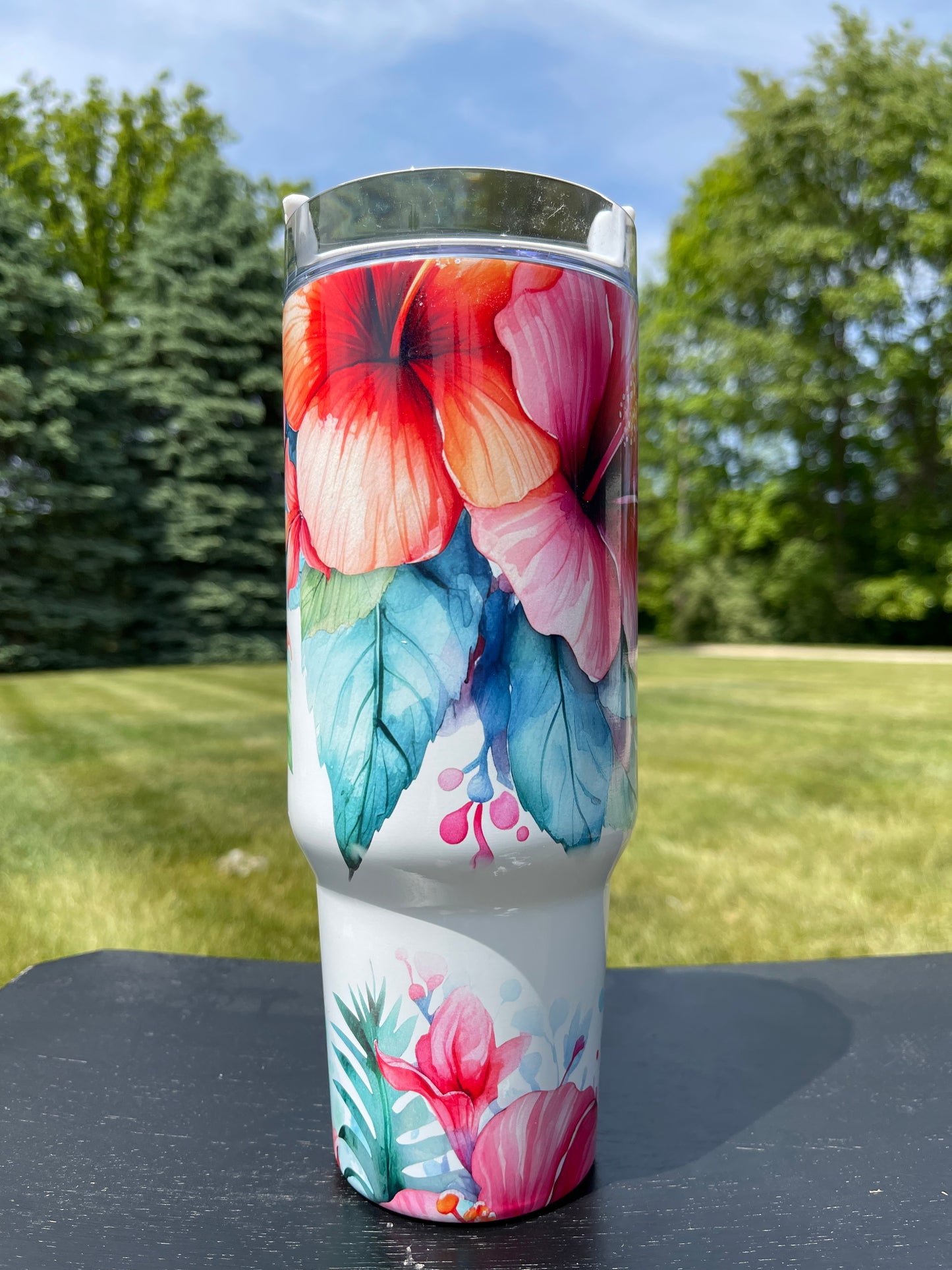 40oz Tumbler- Pink Tropical Flowers His/Her Birthday Gift, Add custom name for free! Great Gift!