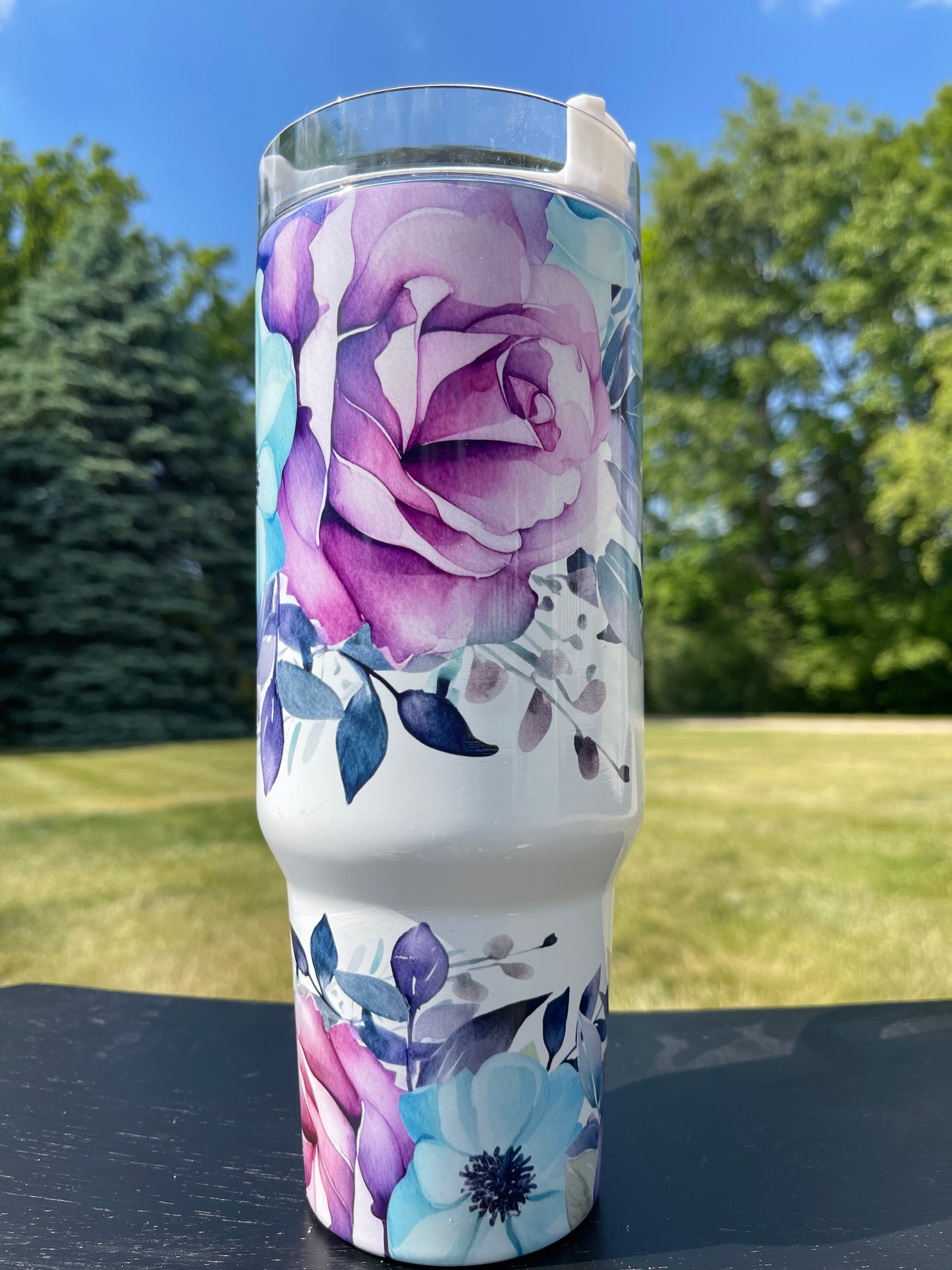 40oz -Purple , Blue Flowers - His/Her Birthday Gift, Add custom name for free! Great Gift!