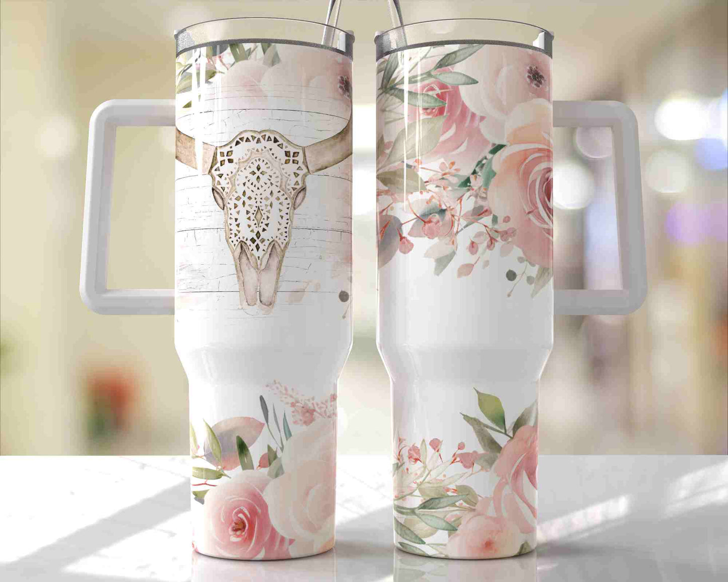 40oz Pink Flowers Skull Tumbler