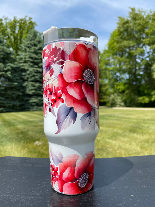 40oz Tumbler-Tropical reds Flowers -  His/Her Birthday Gift, Add custom name for free! Great Gift!