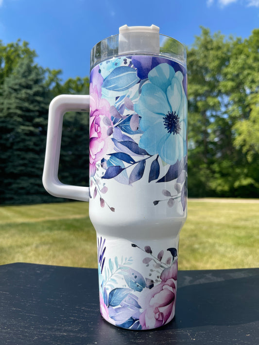 40oz -Purple , Blue Flowers - His/Her Birthday Gift, Add custom name for free! Great Gift!