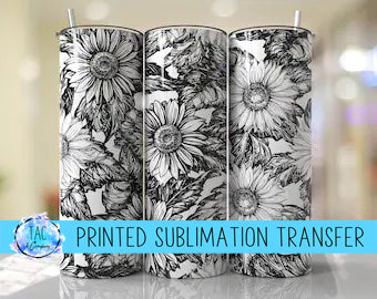 Black and White Floral -Flowers - Sublimation Print (This Is Not A Digital File)