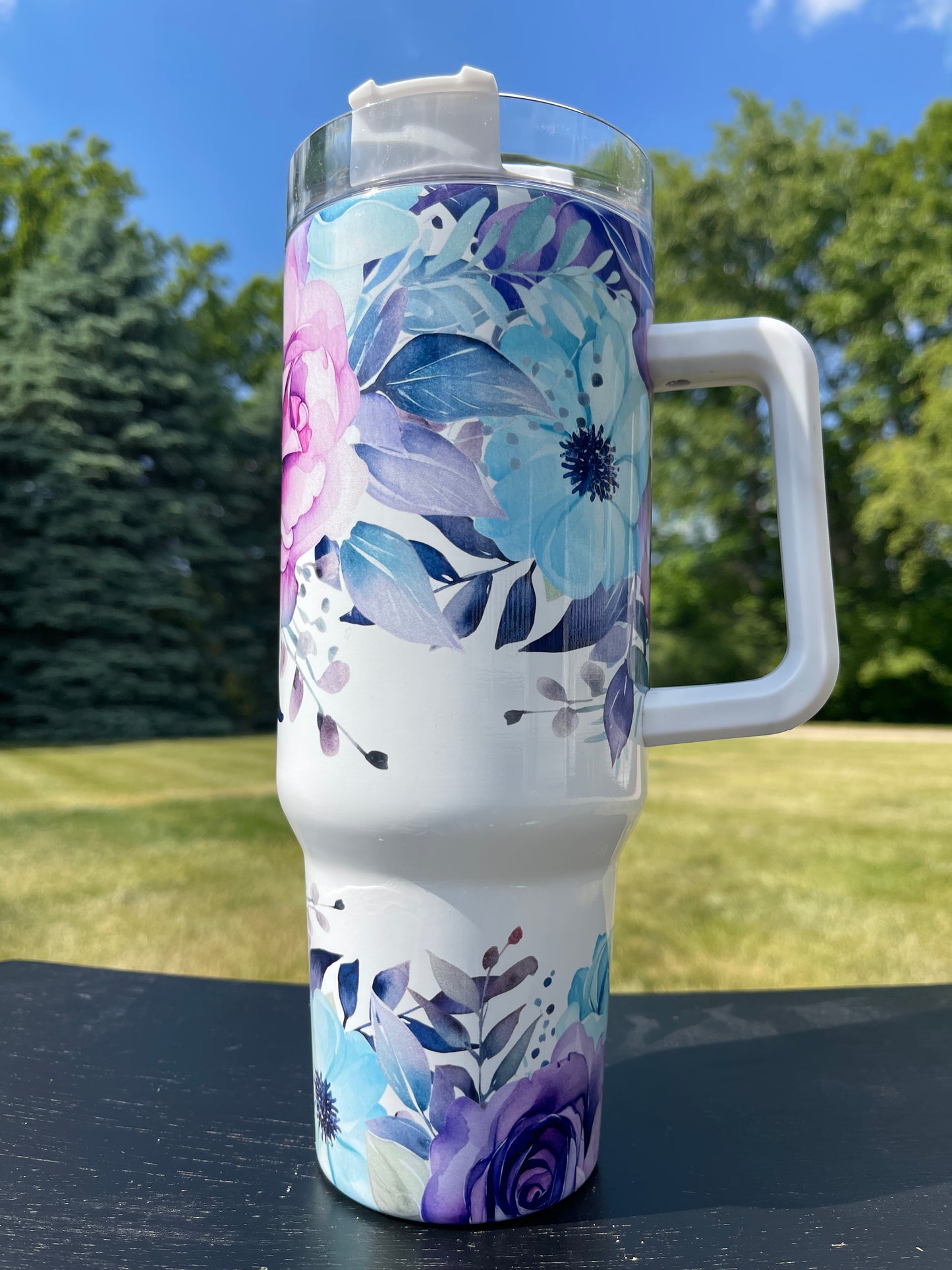 40oz -Purple , Blue Flowers - His/Her Birthday Gift, Add custom name for free! Great Gift!