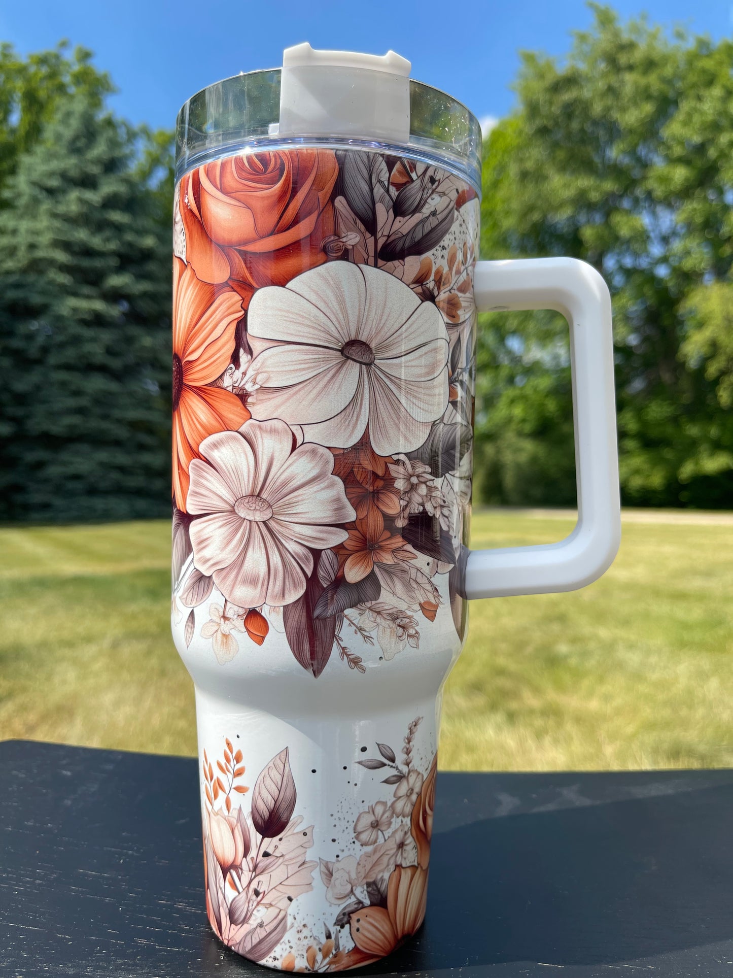 40oz - Right handed Mom Orange/Brown /White flowers - His/Her Birthday Gift, Add custom name for free! Great Gift!