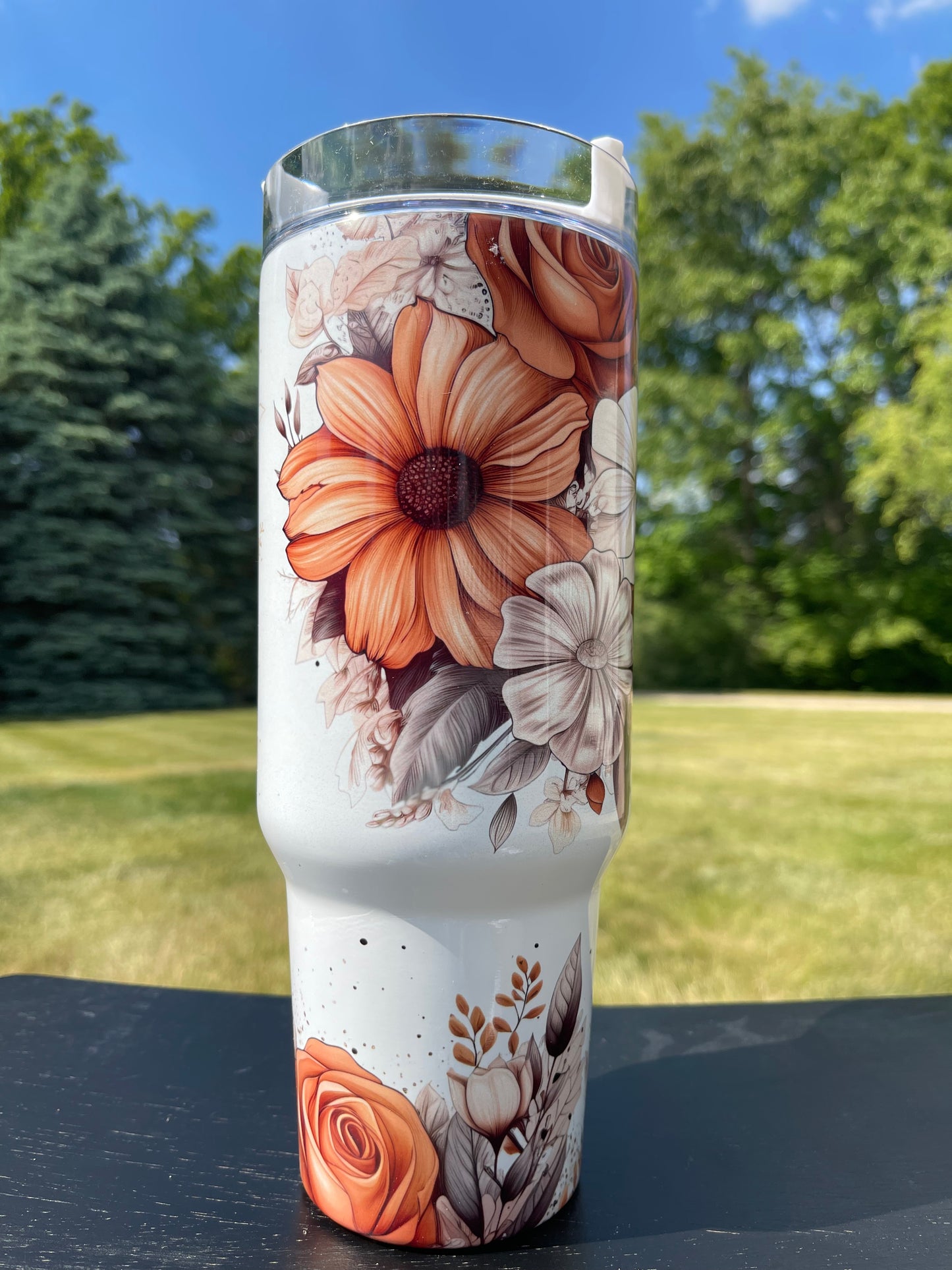 40oz - Right handed Mom Orange/Brown /White flowers - His/Her Birthday Gift, Add custom name for free! Great Gift!