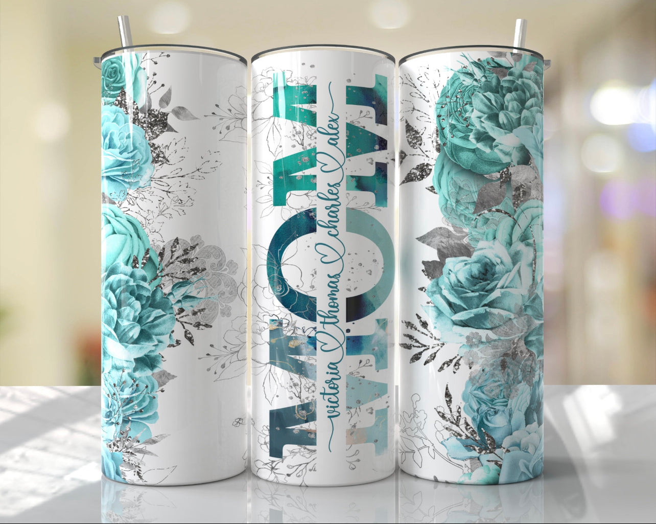 Mom Split with Light Teal Flowers - Gift for Her, Travel Tumbler
