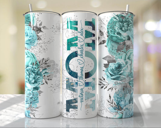 Mom Split with Light Teal Flowers - Gift for Her, Travel Tumbler