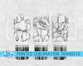 40 oz - black and White Flowers Sublimation Print (This Is Not A Digital File)