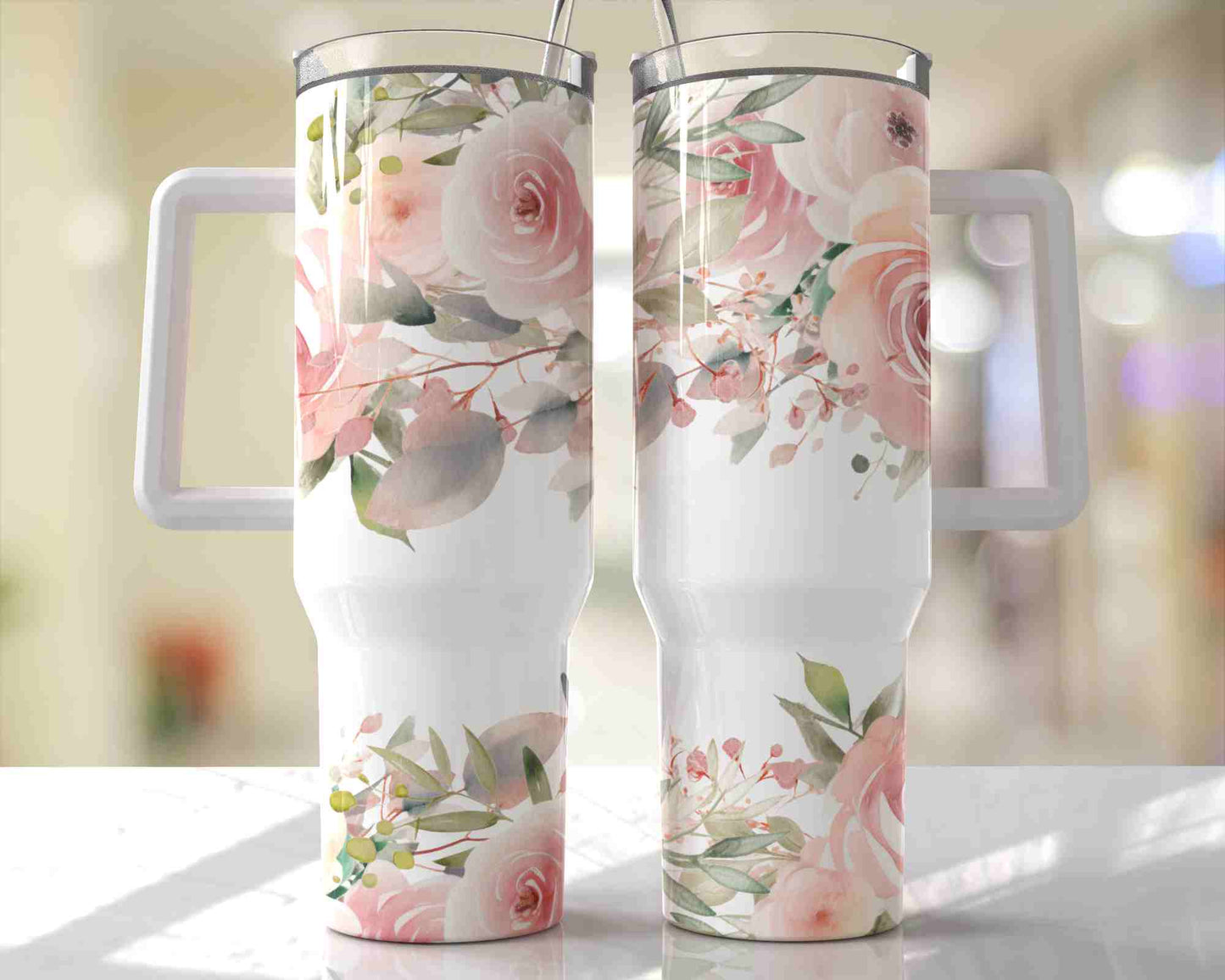 40oz Pink and White Flowers Tumbler