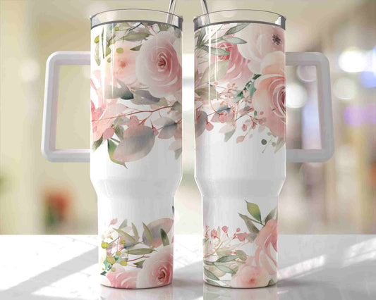 40oz Pink and White Flowers Tumbler