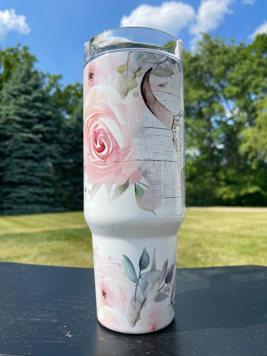 40oz Tumble Pink roses with Cow Skull -  His/Her Birthday Gift, Add custom name for free! Great Gift!