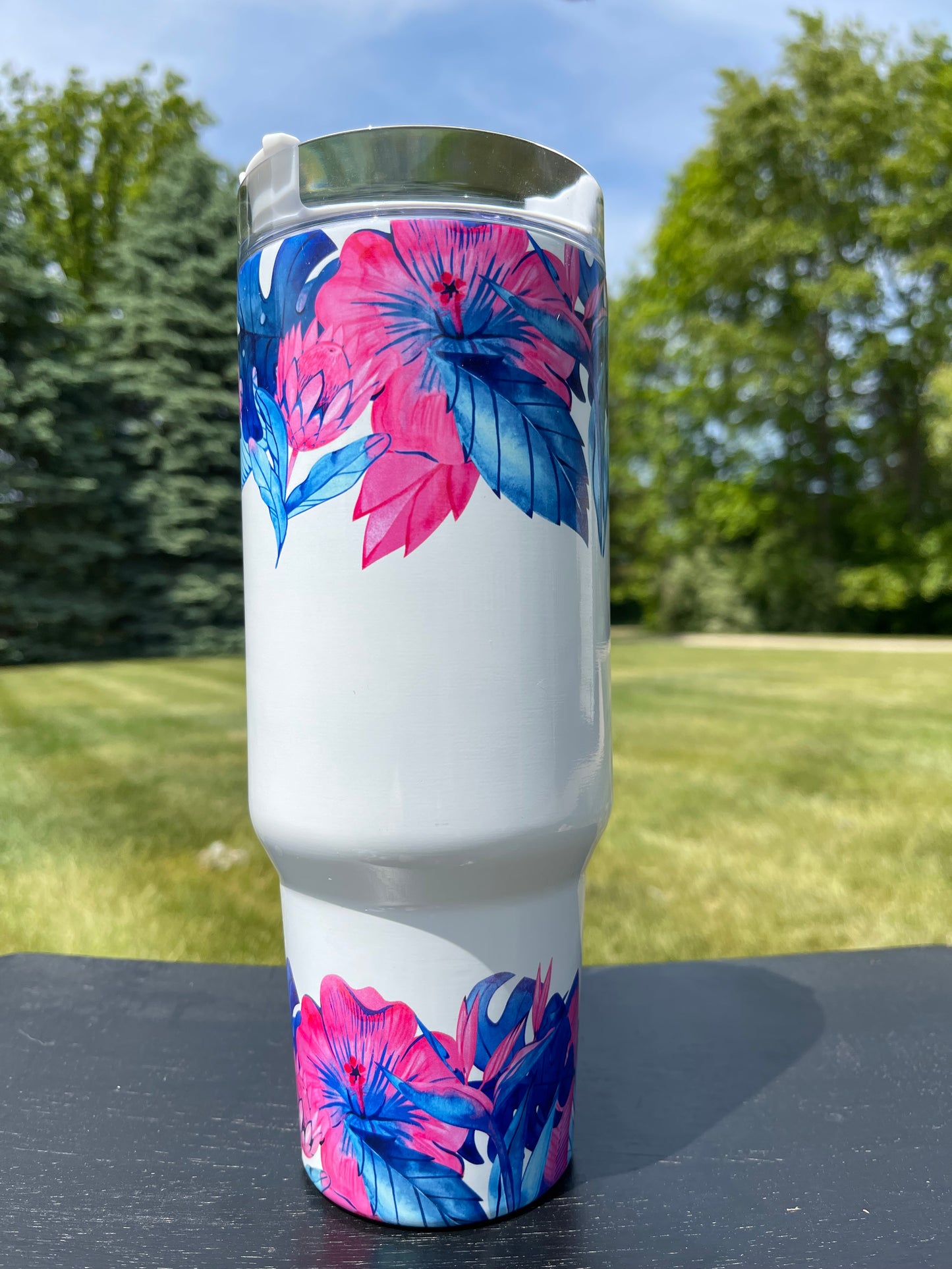 40oz Tumbler- Hit Pink Tropical Flowers His/Her Birthday Gift, Add custom name for free! Great Gift!