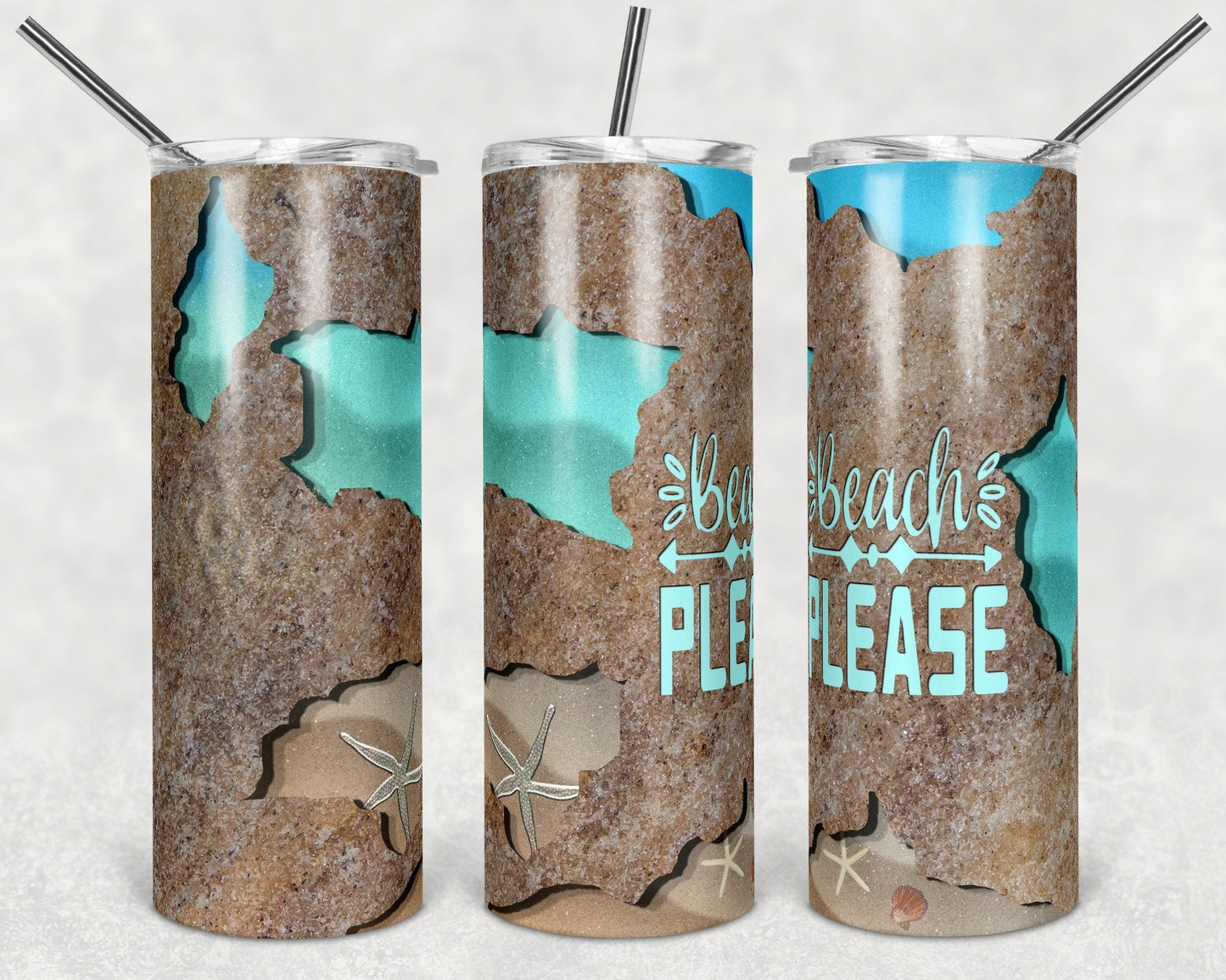 Beach Please - 20 oz or 30oz Skinny Tumblers w/ Lid and Metal Straw