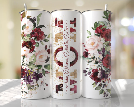 Mom with Names Red and White Roses, GIft for her, Mothers Day Travel Tumbler -Sublimation Print (This Is Not A Digital File)