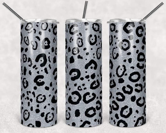 Silver Glitter Cheetah/Leopard Prints - 20oz or 30oz Skinny Tumblers w/ Lid and Metal Straw