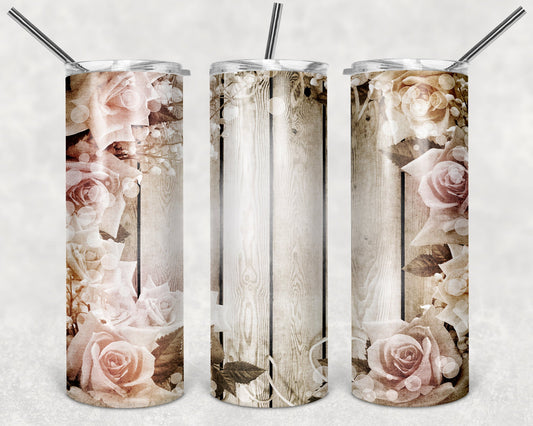 White Roses with Wood Board - 20 oz or 30oz Skinny Tumblers w/ Lid and Metal Straw
