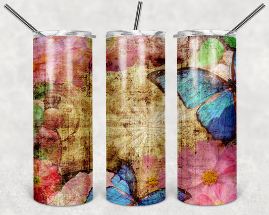 Flowers and Butterfly - 20 oz or 30oz Skinny Tumblers w/ Lid and Metal Straw