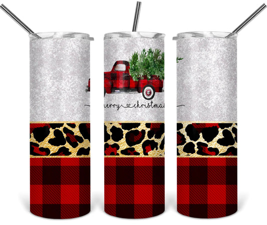 Red Christmas Truck with Plaid Bottom - 20 oz or 30oz Skinny Tumblers w/ Lid and Metal Straw
