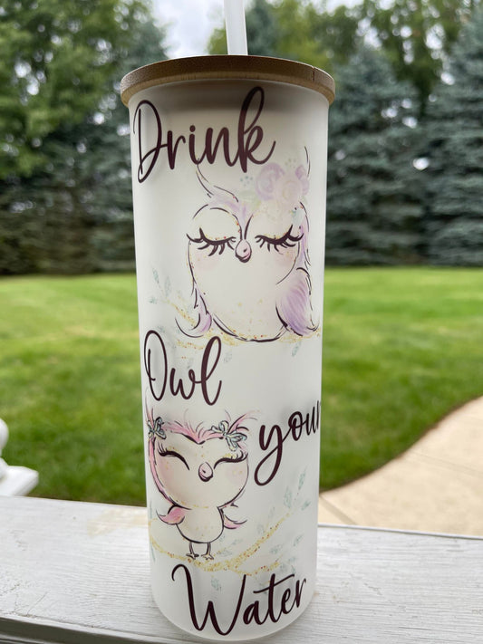 Owl Water Tracker - 25 oz Glass with wood Lid and plastic Straw