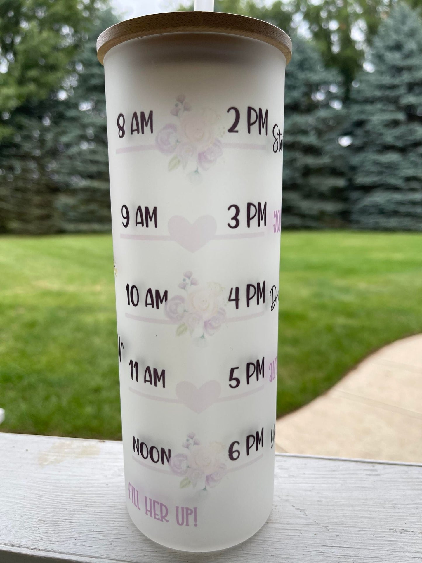 Owl Water Tracker - 25 oz Glass with wood Lid and plastic Straw