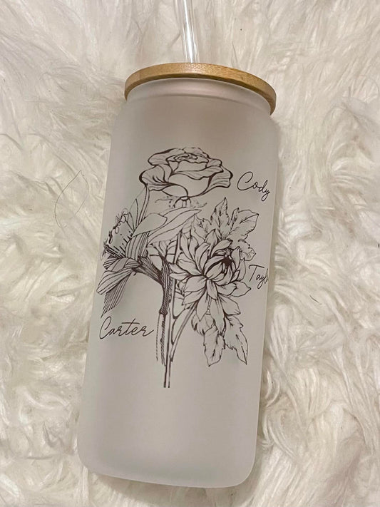 Flower with Names 16oz Frosted Liby Glass with Wood Lid