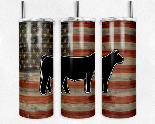 Flag with Beef Cow- 20 oz or 30oz Skinny Tumblers w/ Lid and Metal Straw