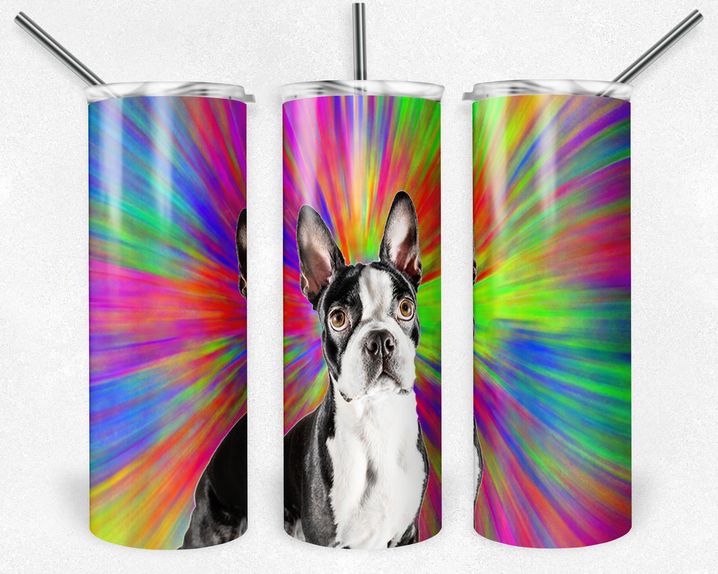 Boston Terrier Tye Dye- 20oz or 30oz Skinny Tumblers w/ Lid and Metal Straw