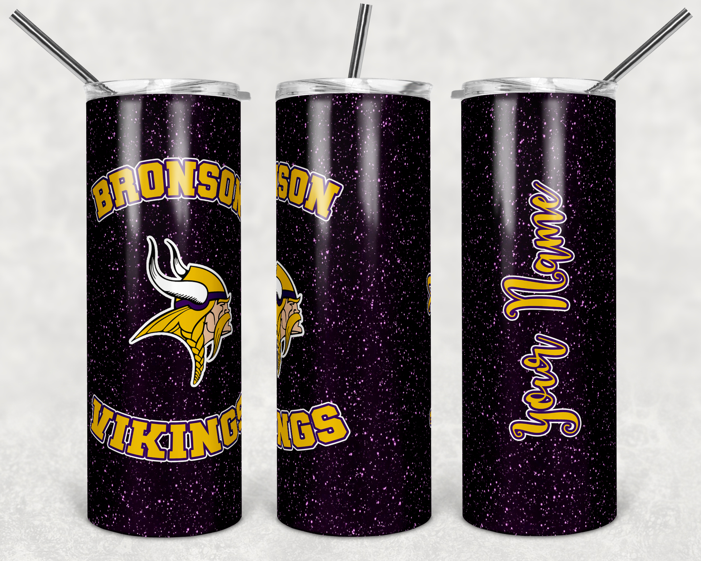 Bronson Purple Glitter Viking School with Name- 20 oz or 30oz Skinny Tumblers w/ Lid and Metal Straw