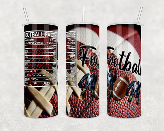 Football Mom Facts-  20oz or 30oz Skinny Tumblers w/ Lid and Metal Straw