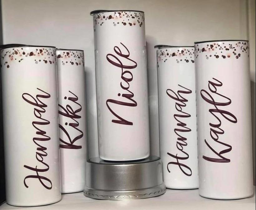 Burgundy Glitter Top with Names - 20oz or 30oz Skinny Tumblers w/ Lid and Metal Straw