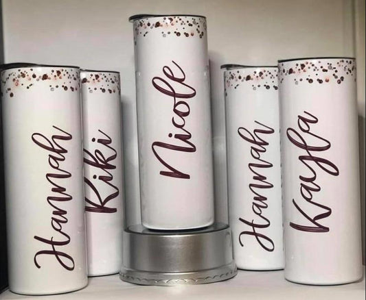 Burgundy Glitter Top with Names - 20oz or 30oz Skinny Tumblers w/ Lid and Metal Straw