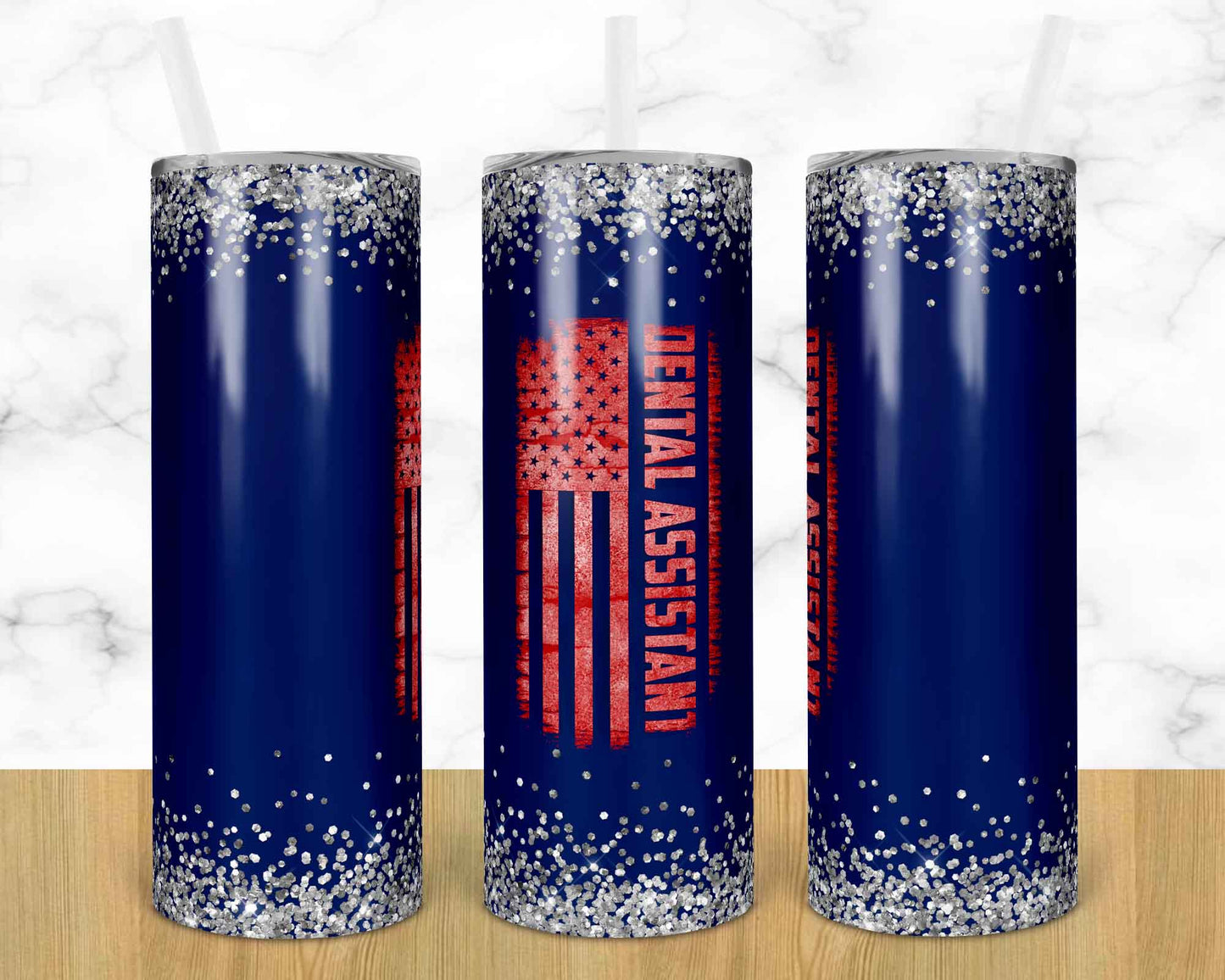 Dental Assistant Flag - 20 oz or 30oz Skinny Tumblers w/ Lid and Metal Straw