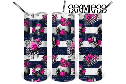 Skulls, Pink Flowers- 20 oz or 30oz Skinny Tumblers w/ Lid and Metal Straw