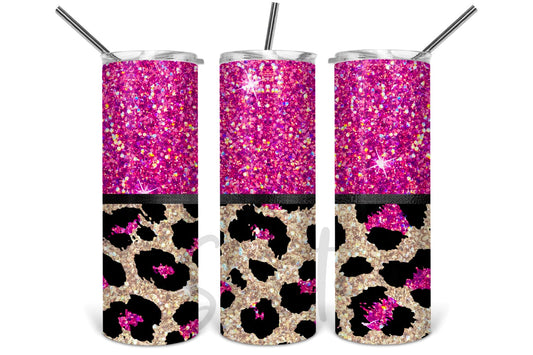 Pink Glitter with Cheetah Bottom - 20 oz or 30oz Skinny Tumblers w/ Lid and Metal Straw
