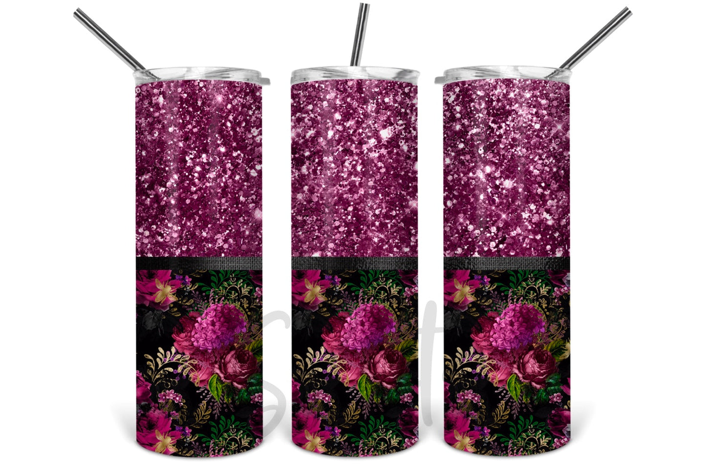 Pink Glitter and Flowers Bottom - 20 oz or 30oz Skinny Tumblers w/ Lid and Metal Straw