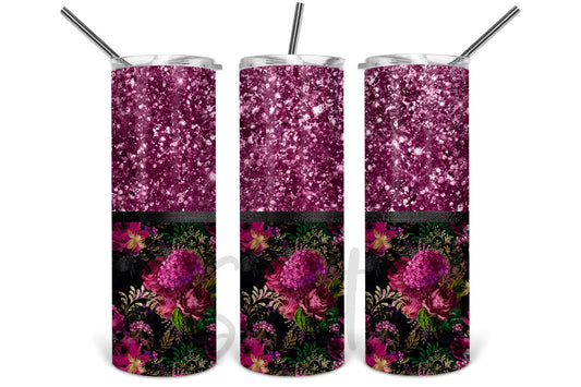 Pink Glitter and Flowers Bottom - 20 oz or 30oz Skinny Tumblers w/ Lid and Metal Straw