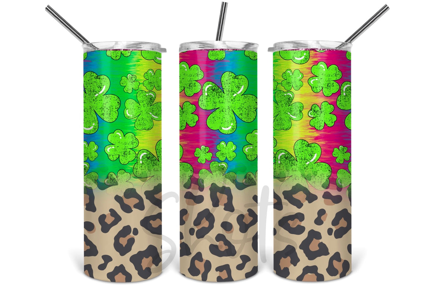 Four Leaf Clover - Lucky, St Patricks Day Leopard - 20 oz or 30oz Skinny Tumblers w/ Lid and Metal Straw