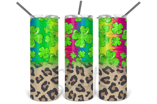 Four Leaf Clover - Lucky, St Patricks Day Leopard - 20 oz or 30oz Skinny Tumblers w/ Lid and Metal Straw