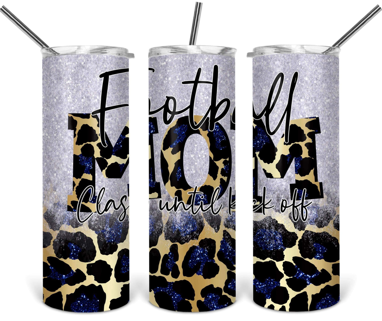 Football Mom Leopard Blue and Silver Glitter School  - 20 oz or 30oz Skinny Tumblers w/ Lid and Metal Straw