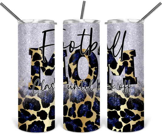Football Mom Leopard Blue and Silver Glitter School  - 20 oz or 30oz Skinny Tumblers w/ Lid and Metal Straw