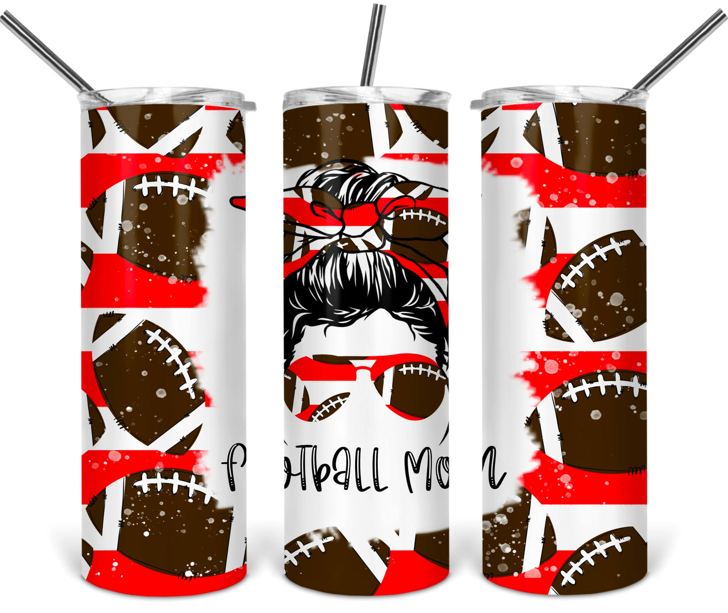 Messy Bun Football Mom School  - 20 oz or 30oz Skinny Tumblers w/ Lid and Metal Straw