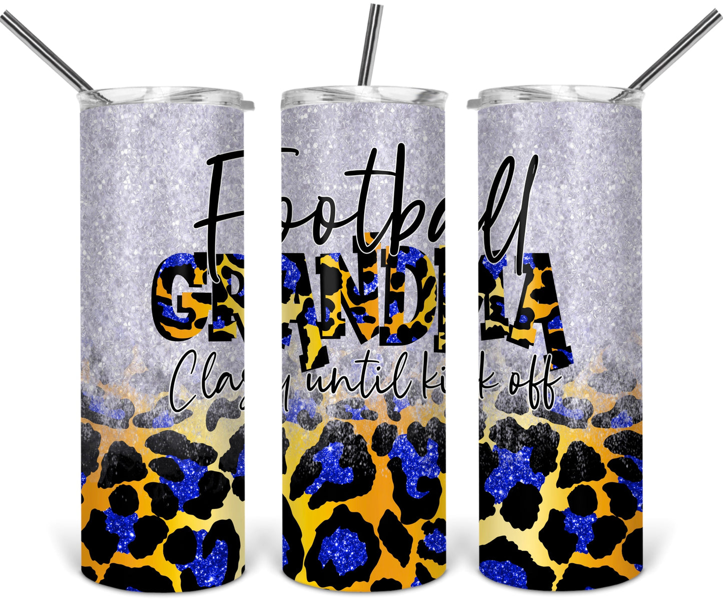 Football Grandma Leopard Glitter School  - 20 oz or 30oz Skinny Tumblers w/ Lid and Metal Straw