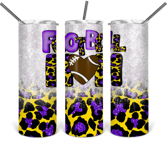Football mom Leopard Gold and Purple School  - 20 oz or 30oz Skinny Tumblers w/ Lid and Metal Straw