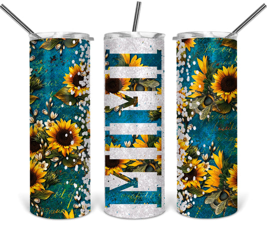 Teal Glitter Sunflower MiMi Grandma  - 20 oz or 30oz Skinny Tumblers w/ Lid and Metal Straw