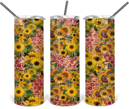Sunflowers Coral Glitter Beehive  - 20 oz or 30oz Skinny Tumblers w/ Lid and Metal Straw
