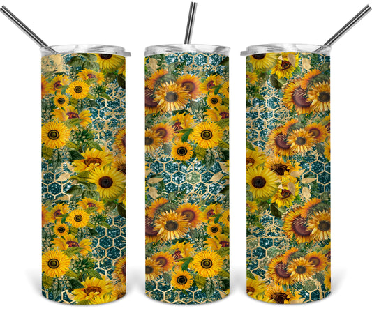 Sunflowers Teal Beehive  - 20 oz or 30oz Skinny Tumblers w/ Lid and Metal Straw